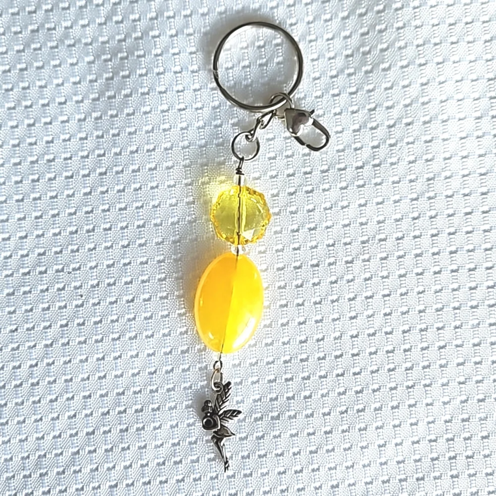 Romantic Sparkling Fairy Charm Keychain with Yellow-Gold Toned Beads Handmade